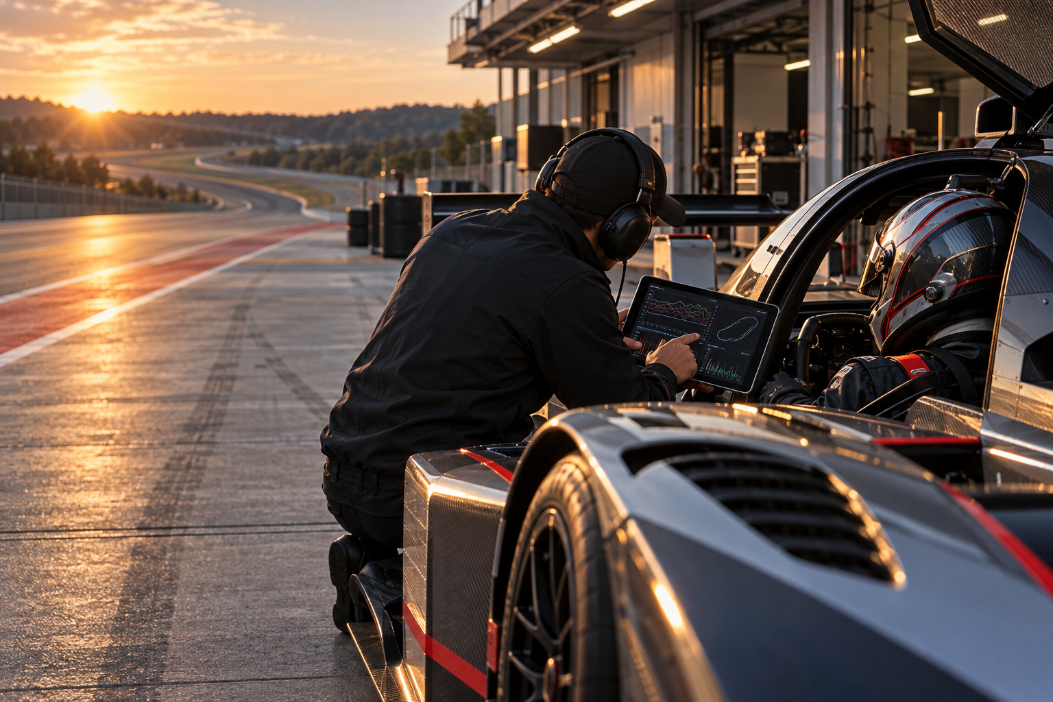 Race engineer reviewing telemetry with a driver in a track focused car at sunset